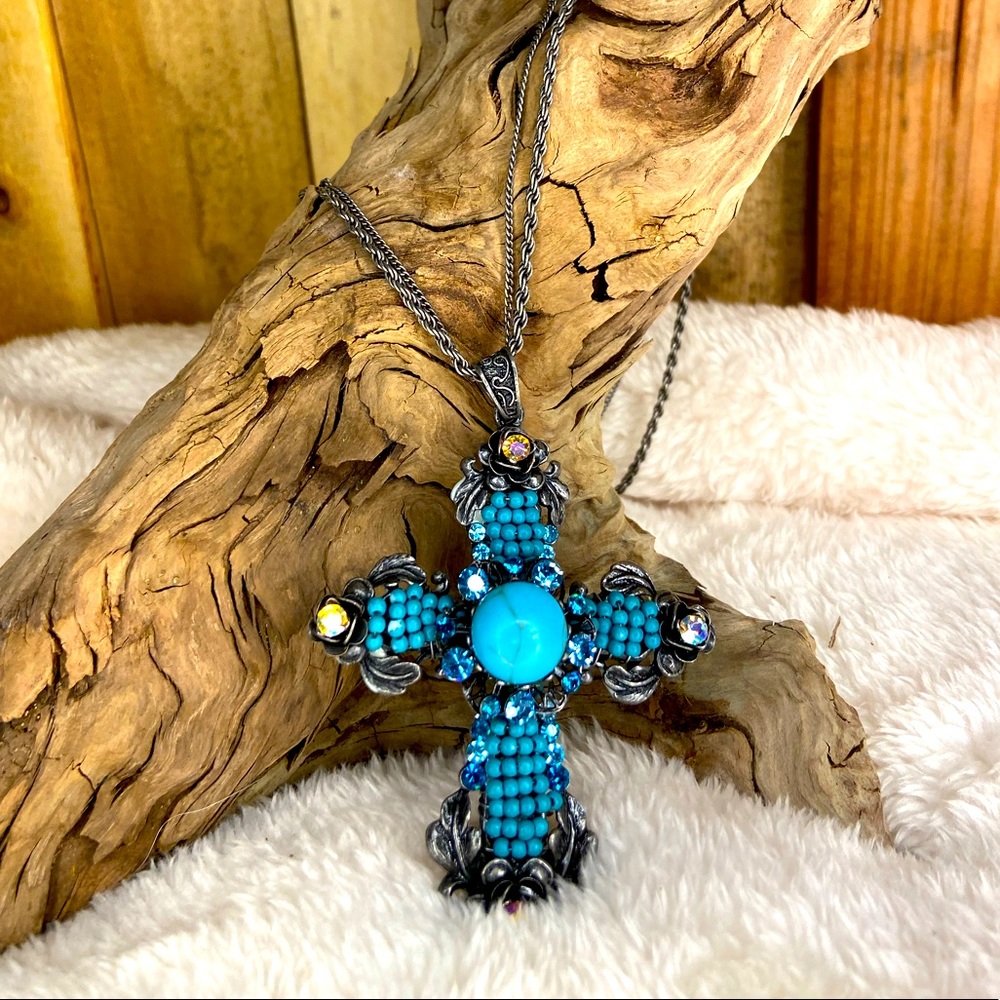 17" Double Chained Beaded Cross Pendant Necklace